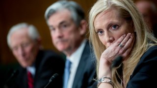 Lael Brainard, governor of the U.S. Federal Reserve with Fed Governors, Jerome Powell and Stanley Fischer.