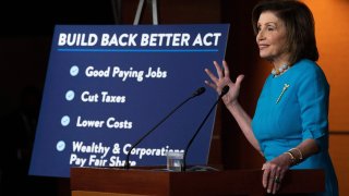 US Speaker of the House Nancy Pelosi, D-CA, speaks about the Build Back Better Act during her weekly press conference on Capitol Hill in Washington, DC, on November 18, 2021.