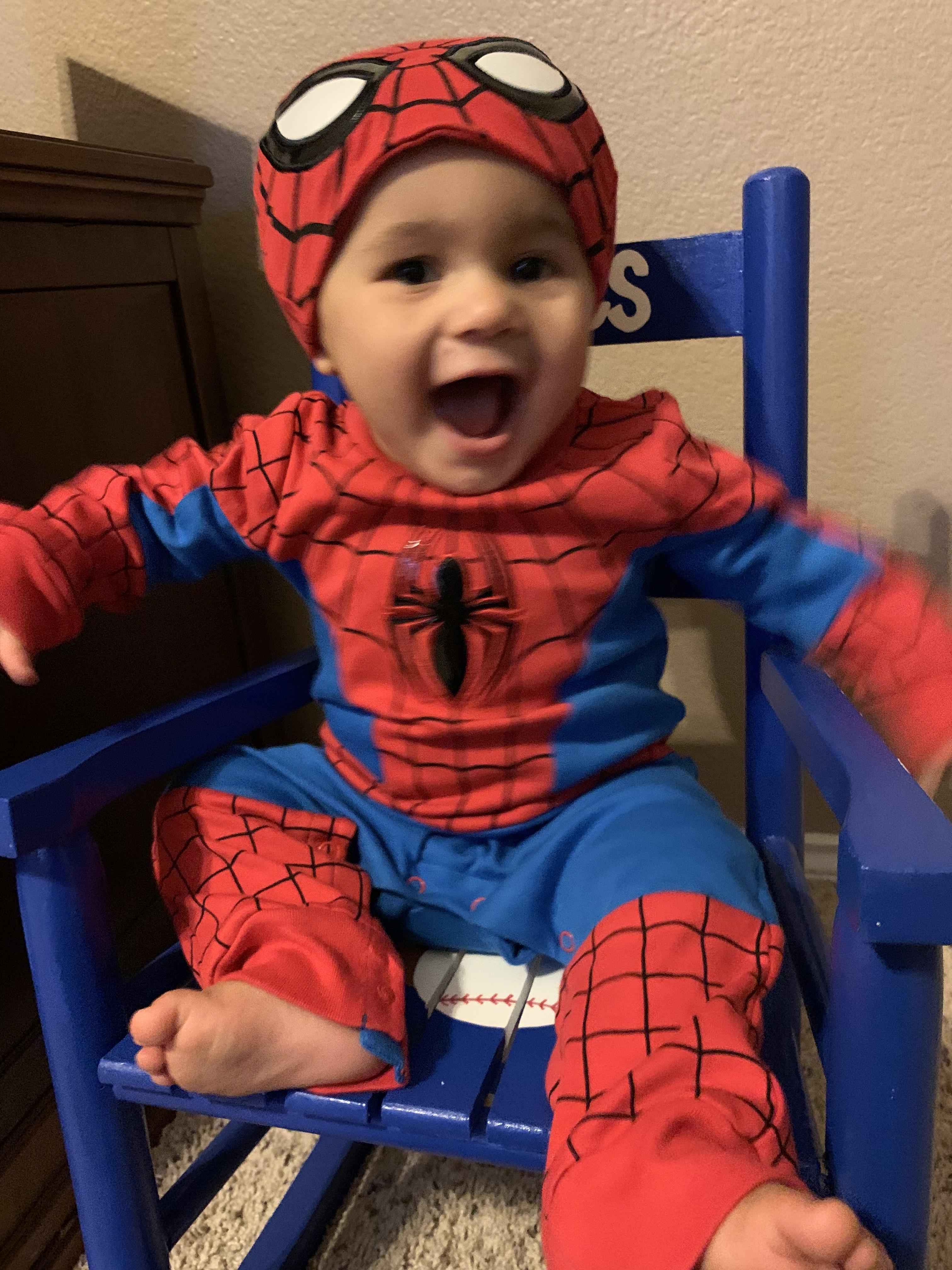 Myles Mennsfield (9mos) as your friendly neighborhood Spider-Man this Halloween