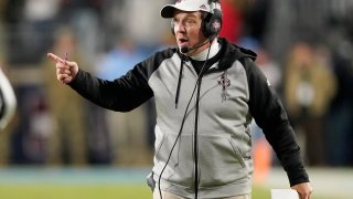 Texas A&M coach Jimbo Fisher reacts to an official's call