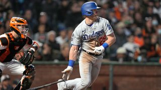Billy McKinney #29 of the Los Angeles Dodgers bats against the San Francisco Giants in the top of the seventh inning at Oracle Park on July 27, 2021 in San Francisco, California.