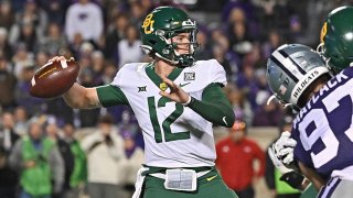Quarterback Blake Shapen #12 of the Baylor Bears throws a pass against the Kansas State Wildcats, during the second half at Bill Snyder Family Football Stadium on Nov. 20, 2021 in Manhattan, Kansas.