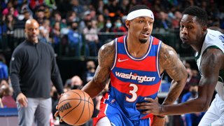 Bradley Beal #3 of the Washington Wizards drives to the basket against the Dallas Mavericks on Nov. 27, 2021 at the American Airlines Center in Dallas, Texas.