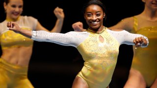 USA gymnast Simone Biles takes part in the opening of Gold Over America Tour performance at Chase Center in San Francisco, Calif., on, Sept. 28, 2021.