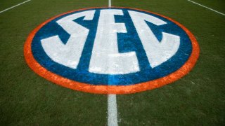 A detail view of an SEC logo before the start of a game between the Florida Gators and the Samford Bulldogs at Ben Hill Griffin Stadium on November 13, 2021 in Gainesville, Florida.