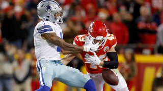 Daniel Sorensen #49 of the Kansas City Chiefs breaks up a pass intended for Cedrick Wilson #1 of the Dallas Cowboys in the fourth quarter during the game at Arrowhead Stadium on November 21, 2021 in Kansas City, Missouri.