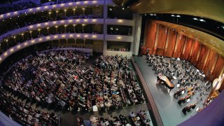 June 10, 2017. Rachel Cheung from Hong Kong performs with conductor Leonard Slatkin and the Fort Worth Symphony Orchestra on Saturday in the Final Round of The Fifteenth Van Cliburn International Piano Competition held at Bass Performance Hall in Fort Worth, Texas. (Photo Carolyn Cruz)