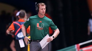 Miami Hurricanes offensive coordinator Rhett Lashlee during the Chick-fil-A Kickoff Game between the Miami Hurricanes and the Alabama Crimson Tide on Sept. 4, 2021 at Mercedes Benz Stadium in Atlanta, Georgia.