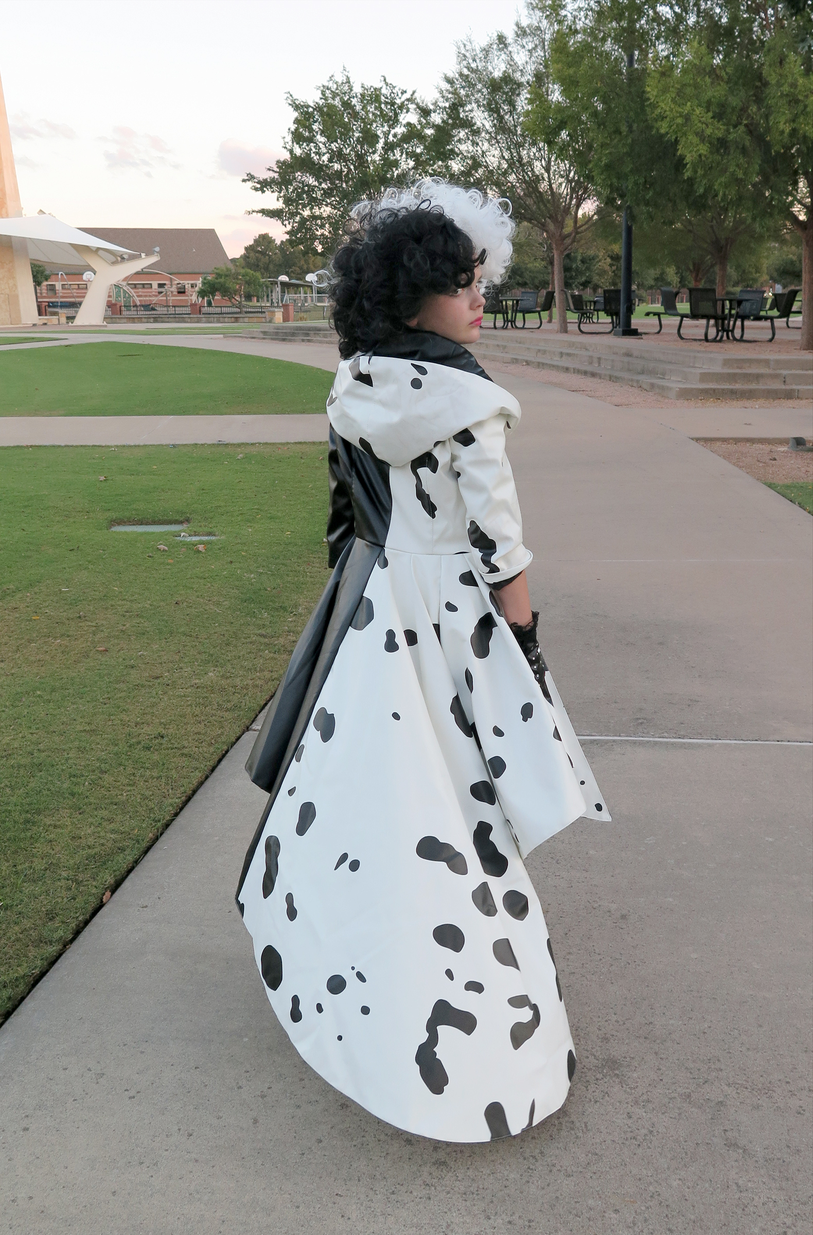 Here are three photos of my 10-year-old daughter dressed as Cruella