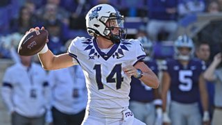 Quarterback Chandler Morris #14 of the TCU Horned Frogs throws a pass during the second half against the Kansas State Wildcats at Bill Snyder Family Football Stadium on Oct. 30, 2021 in Manhattan, Kansas.
