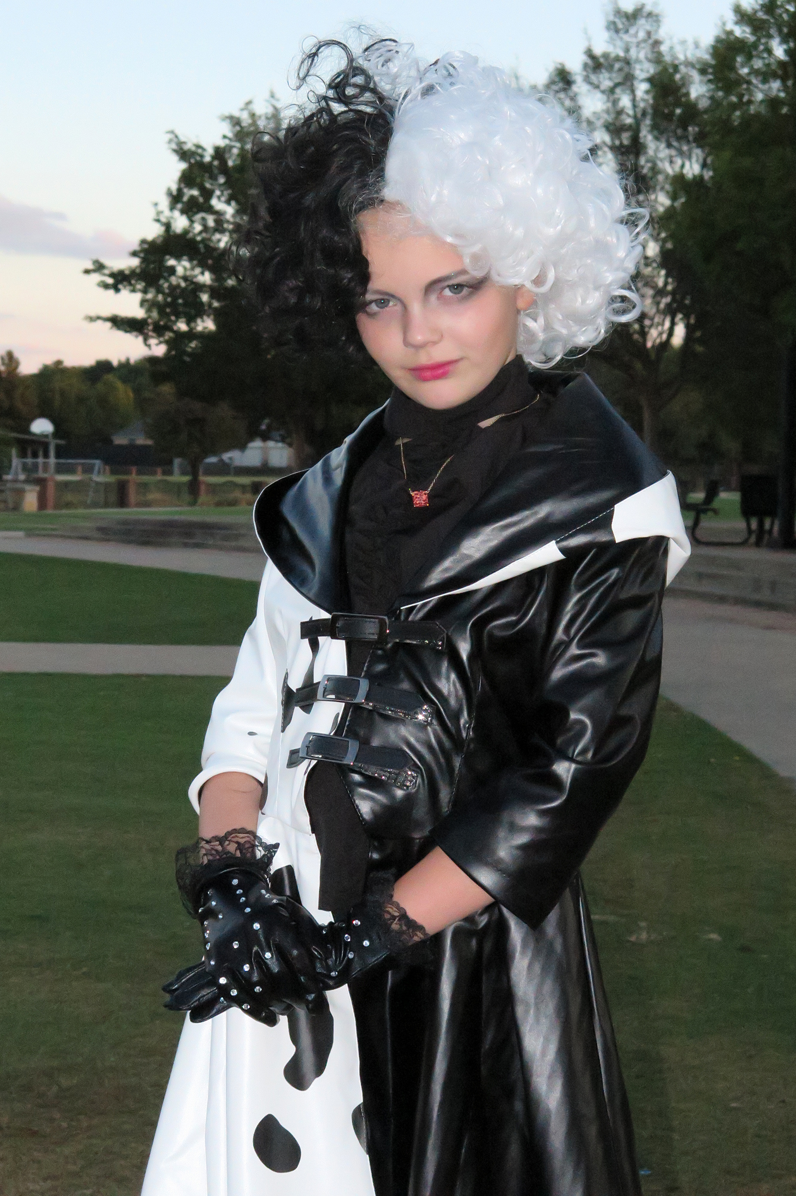 Here are three photos of my 10-year-old daughter dressed as Cruella