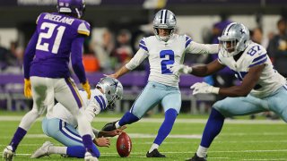 Greg Zuerlein #2 of the Dallas Cowboys kicks a field goal against the Minnesota Vikings during the second quarter at U.S. Bank Stadium on Oct. 31, 2021 in Minneapolis, Minnesota.