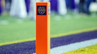 An LSU Tigers pylon in the end zone during a game between the LSU Tigers and the Auburn Tigers at Tiger Stadium in Baton Rouge, Louisiana on Oct. 2, 2021.