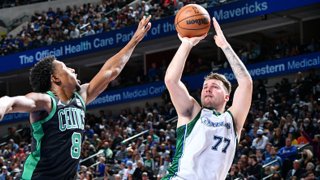 Luka Doncic #77 of the Dallas Mavericks shoots the ball during the game against the Boston Celtics on Nov. 6, 2021 at the American Airlines Center in Dallas, Texas.