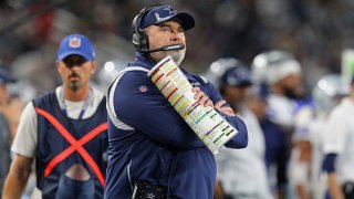 Head Coach Mike McCarthy of the Dallas Cowboys looks on during the second quarter of the NFL match between Las Vegas Raiders and Dallas Cowboys at AT&T Stadium on Nov. 25, 2021 in Arlington, Texas.