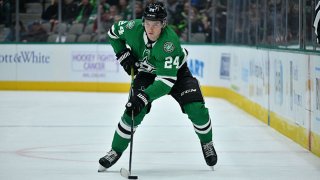 Roope Hintz #24 of the Dallas Stars handles the puck against the Edmonton Oilers at the American Airlines Center on Nov. 23, 2021 in Dallas, Texas.