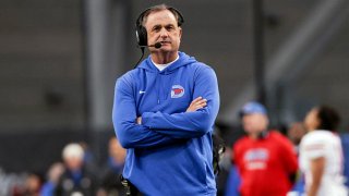 Head coach Sonny Dykes of the SMU Mustangs looks on in the second quarter against the Cincinnati Bearcats at Nippert Stadium on Nov. 20, 2021 in Cincinnati, Ohio.