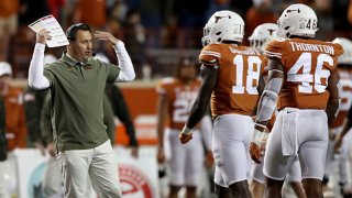 Head coach Steve Sarkisian of the Texas Longhorns reacts in the second half against the Kansas Jayhawks at Darrell K Royal-Texas Memorial Stadium on Nov. 13, 2021 in Austin, Texas.