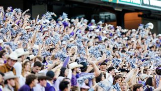 TCU Horned Frogs fans cheer during the game between the TCU Horned Frogs and the Baylor Bears on Nov. 6, 2021 at Amon G. Carter Stadium in Fort Worth, Texas.