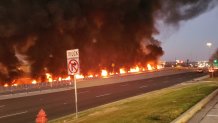 One person was hospitalized after a fire crash between two big rigs along Loop 820 in North Richland Hills on Wednesday, Dec. 22, 2021.