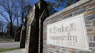 This photo shows the entrance to the main Duke University campus in Durham, N.C.