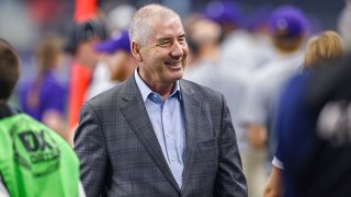 Big 12 Commissioner Bob Bowlsby looks on from the sideline during the Allstate Kickoff Classic college football game between the Stanford Cardinal and Kansas State Wildcats on Sep. 4, 2021 at AT&T Stadium in Arlington, Texas.