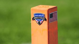 An end zone pylon displays the bowl logos during Armed Forces Bowl game featuring the Southern Mississippi Golden Eagles and the Tulane Green Wave on Jan. 4, 2020 at Amon G. Carter Stadium in Fort Worth, Texas.