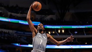 Kevin Durant #7 of the Brooklyn Nets goes up for a slam dunk against the Dallas Mavericks in the first half at American Airlines Center on Nov. 7, 2021 in Dallas, Texas.