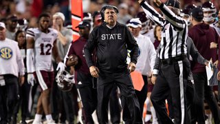Head Coach Mike Leach of the Mississippi State Bulldogs on the sidelines during a game against the Arkansas Razorbacks at Donald W. Reynolds Stadium on November 6, 2021 in Fayetteville, Arkansas. The Razorbacks defeated the Bulldogs 31-28.