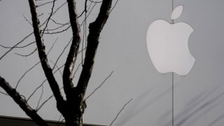 Logo on an Apple store is seen in Arlington, Virginia, January 27, 2022.