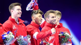 Brody Malone, Yul Moldauer, Sam Mikulak, and Shane Wiskus rejoice after being selected to the 2021 U.S. Olympic Gymnastics team after the Men’s competition this June.