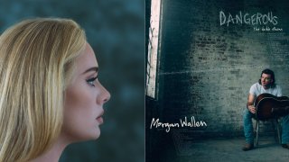This combination of album covers shows "30" by Adele, left, and “Dangerous: The Double Album,” by Morgan Wallen