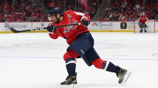 Alex Ovechkin #8 of the Washington Capitals shoots the puck against the New York Rangers during the second period at Capital One Arena on October 13, 2021 in Washington, DC.