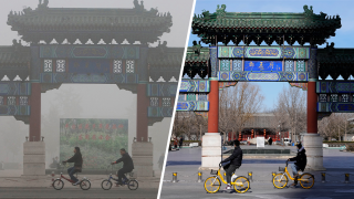 Cyclists ride past a traditional Chinese gateway