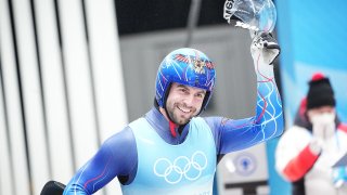 Chris Mazdzer from Team USA reacts at the finish of the luge, single-seater, men, fourth run at the National Sliding Centre on Feb. 6, 2022, in Yanqing, China.