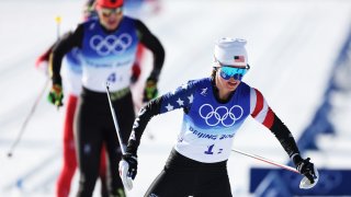 Jessie Diggins of Team United States competes during the Women's Cross-Country Team Sprint Classic Semifinals on Day 12 of the Beijing 2022 Winter Olympics at The National Cross-Country Skiing Centre on February 16, 2022 in Zhangjiakou, China.