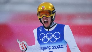 Franz-Josef Rehrl of Team Austria reacts during the Ski Jumping portion of the Large Hill/4x5km event, Feb. 17, 2022, in Zhangjiakou, China.