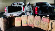 A Texas State Trooper stands in front of two vehicles with paper tags that were found to be carrying illegal drugs.