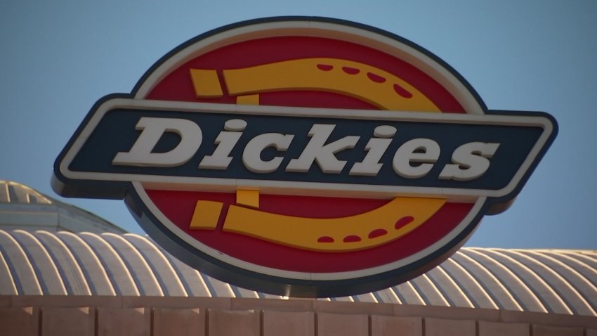 The Dickies sign at the top of Dickies Arena in Fort Worth, Texas, March 2022.