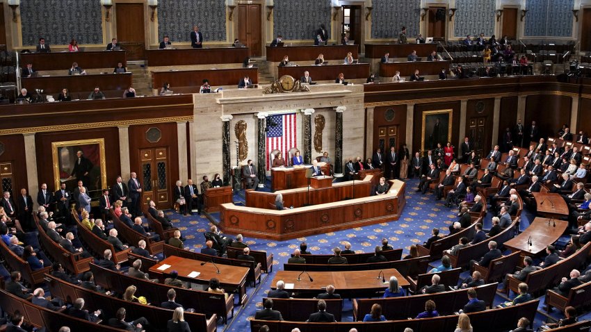 U.S. President Joe Biden, center, speaks during a State of the Union address at the U.S. Capitol in Washington, D.C., U.S., on Tuesday, March 1, 2022. Biden’s first State of the Union address comes against the backdrop of Russia’s invasion of Ukraine and the subsequent sanctions placed on Russia by the U.S. and its allies. Photographer: Al Drago/Bloomberg via Getty Images