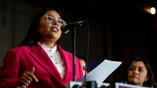 Democratic U.S. congressional candidate Jessica Cisneros (TX-28) speaks alongside her family during a watch party on March 01, 2022, in Laredo, Texas. Late results hint that Cisneros and U.S. Rep. Henry Cuellar (D-TX) could face a primary runoff with neither getting more than the 50 percent necessary for an outright win.