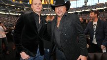 Parker McCollum (L) and Jason Aldean attend the 57th Academy of Country Music Awards at Allegiant Stadium on March 07, 2022 in Las Vegas, Nevada.