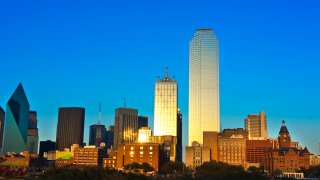 Dallas Texas skyline at sunset of modern skyscrapers in downtown Dallas city across expressway