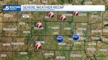 The National Weather Service will survey storm reports this week. This map plots tornado reports and wind damage reports in northwestern areas of Fort Worth and the Carrollton area.