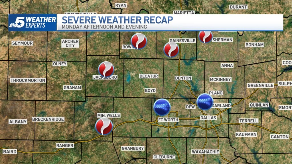The National Weather Service will survey storm reports this week. This map plots tornado reports and wind damage reports in northwestern areas of Fort Worth and the Carrollton area.