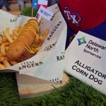 Alligator Corn Dog: An Alligator Andouille Sausage hand-dipped in corn dog batter and fried to a delicious golden brown. Available at the Bullpen Grill at Section 125.