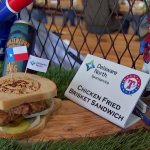 Chicken Fried Brisket Sandwich: Generous pieces of in-house-smoked Nolan Ryan Beef Brisket - hand-battered and fried - piled on thick slices of Texas Toast with pickles, red onions and Sweet Baby Ray's barbecue sauce. Available at the Sweet Baby Ray's stand at Section 125.