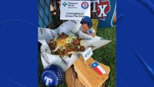 A Texas Chili all-angus beef hot dog with fresh-baked cornbread as the bun - topped with Texas Chili's chili, shredded cheddar cheese, and Ricos Jalapenos. Available at concessions stands at Sections 132 and 225.