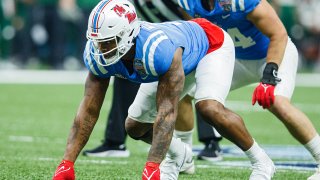 Ole Miss Rebels defensive lineman Sam Williams (7) lines up for a play during the Allstate Sugar Bowl between the Baylor Bears and the Ole Miss Rebels on January 1, 2022 at the Ceasars Superdome in New Orleans, Louisiana.