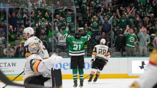 Jason Robertson #21 of the Dallas Stars celebrates his 40th goal of the season against the Vegas Golden Knights at the American Airlines Center on April 26, 2022 in Dallas, Texas.
